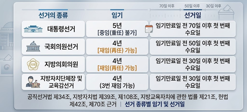 공직선거법 제34조, 지방자치법 제39조, 제108조, 지방교육자치에 관한 법률 제21조, 헌법 제42조, 제70조 근거 | 선거 종류별 임기 및 선거일 [이미지 출처=제미나이]