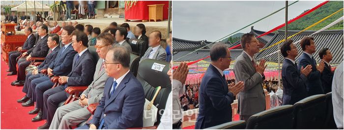 박형준 국민의힘 부산시장 후보와 전재수 더불어민주당 부산시장 후보가 24일 부산 금정구에 위치한 범어사에서 열린 봉축법요식에 참석해 나란히 앉아있는 모습(왼쪽)과 합장하는 모습(오른쪽) ⓒ데일리안 김민석 기자