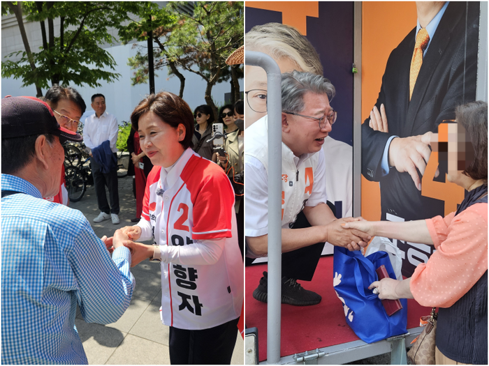 양향자 국민의힘 경기도지사 후보와 조응천 개혁신당 후보가 29일 6·3 지방선거 유세 현장에서 시민과 인사를 나누고 있다. ⓒ데일리안 민단비 기자