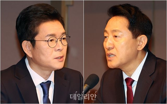 정원오(왼쪽) 더불어민주당 서울시장 후보와 오세훈 국민의힘 서울시장 후보가 20일 오전 서울 중구 한국프레스센터에서 열린 관훈토론회에서 발언을 하고 있다. ⓒ데일리안 홍금표 기자