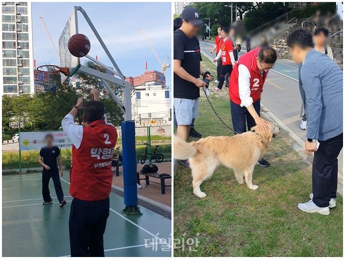 박형준 국민의힘 부산시장 후보가 25일 부산 연제구의 온천천 시민공원을 찾아 농구공을 던지는 모습(왼쪽)과 강아지와 교감하고 있는 모습(오른쪽) ⓒ데일리안 김민석 기자
