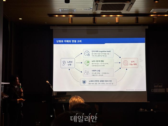 정재호 한양대병원 이비인후과 교수가 27일 서울 중구 코트야드 메리어트 서울 명동에서 열린 ‘코클리어 코리아’ 주최 기자간담회에서 주제발표를 하고 있다. ⓒ데일리안 김효경 기자