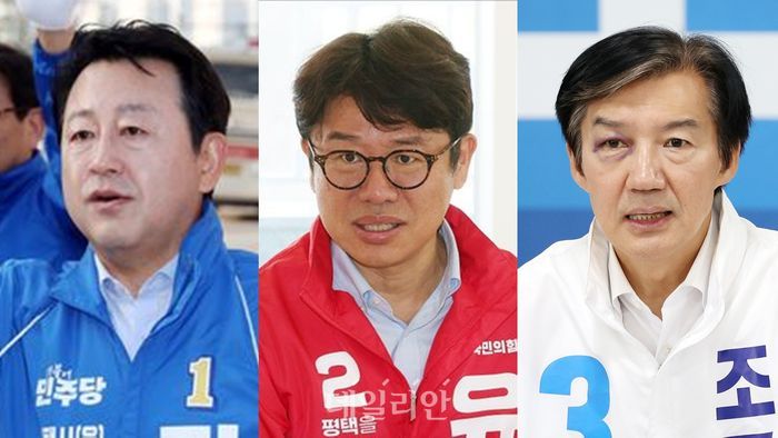 (왼쪽부터) 경기 평택을 국회의원 재선거에 출마한 김용남 더불어민주당 후보, 유의동 국민의힘 후보, 조국 조국혁신당 후보 ⓒ데일리안 홍금표 기자