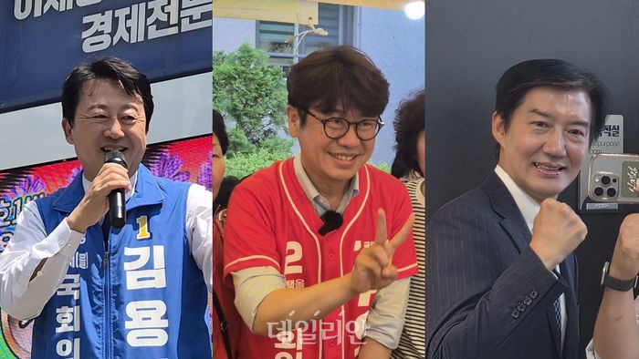 (왼쪽부터) 경기 평택을 국회의원 재선거에 출마한 김용남 더불어민주당 후보, 유의동 국민의힘 후보, 조국 조국혁신당 후보 ⓒ데일리안 허찬영 기자