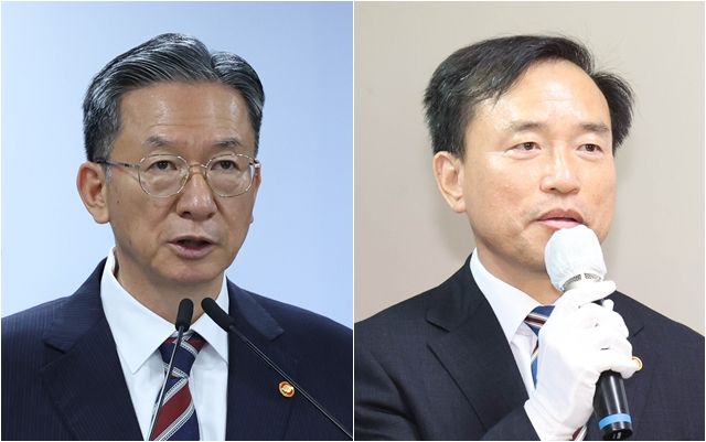 정성호(왼쪽) 법무부 장관, 김종철 방송미디어통신위원회 위원장 ⓒ뉴시스
