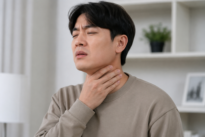 인유두종 바이러스(HPV)가 최근 남성의 두경부암 발생과도 연관성을 보이면서 예방에 대한 필요성이 커지고 있다. 두경부암의 한 종류인 구인두암은 목에 혹이 만져지거나 삼킴 불편감, 목 이물감 등의 증상으로 발견되는 경우가 많다. 해당 이미지는 AI로 제작됨.