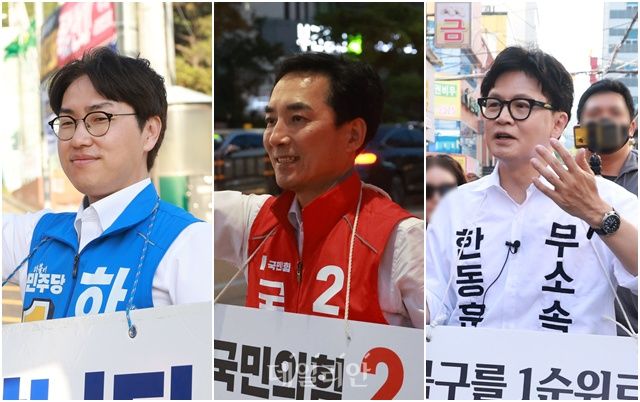 부산 북구갑 국회의원 보궐선거에 출마한 하정우 더불어민주당 후보·박민식 국민의힘 후보·한동훈 무소속 후보 ⓒ데일리안 방규현 기자