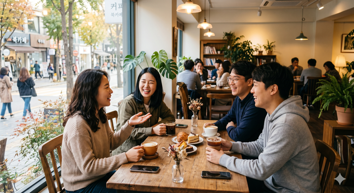 카페에서 친구들과 커피를 마시며 담소를 하는 모습·해당 이미지는 AI로 제작됨