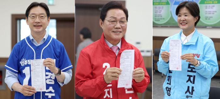 (왼쪽부터) 6·3 경남도지사 선거에 출마한 김경수 더불어민주당 후보, 박완수 국민의힘 후보, 전희영 진보당 후보(기호순) ⓒ연합뉴스