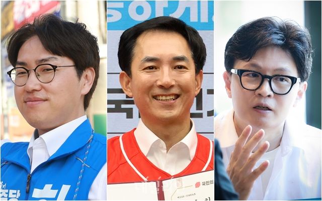 부산 북갑 국회의원 보궐선거에 출마한 (왼쪽부터) 더불어민주당 하정우·국민의힘 박민식·무소속 한동훈 후보 ⓒ데일리안 방규현 기자