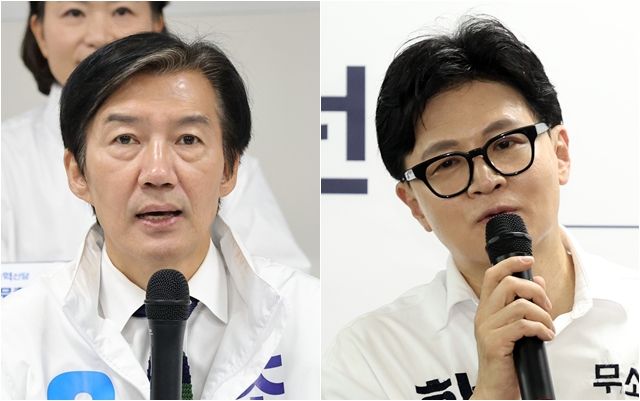 조국(왼쪽) 경기 평택을 국회의원 재선거 조국혁신당 예비후보, 한동훈 무소속 부산 북갑 국회의원 보궐선거 예비후보 ⓒ뉴시스