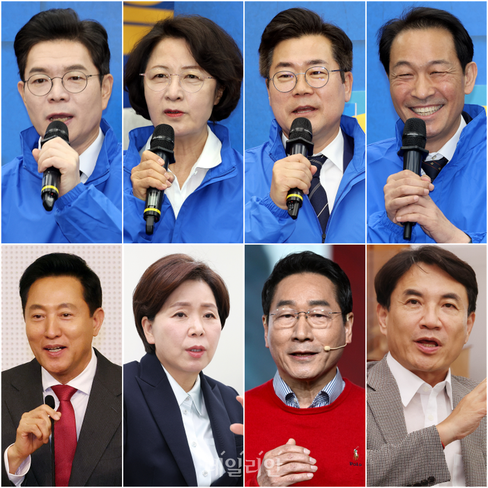 6·3 지방선거에서 출마한 더불어민주당과 국민의힘 후보들. (첫 번째 줄 왼쪽부터) 더불어민주당 정원오 서울시장 후보, 추미애 경기도지사 후보, 박찬대 인천시장 후보, 우상호 강원도지사 후보. (두 번째 줄 왼쪽부터) 국민의힘 오세훈 서울시장 후보, 양향자 경기도지사 후보, 유정복 인천시장 후보, 김진태 강원도지사 후보 ⓒ데일리안 홍금표 기자