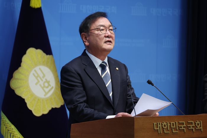 김태년 더불어민주당 의원이 4일 서울 여의도 국회 소통관에서 국회의장 선거 출마 기자회견을 하고 있다. ⓒ뉴시스