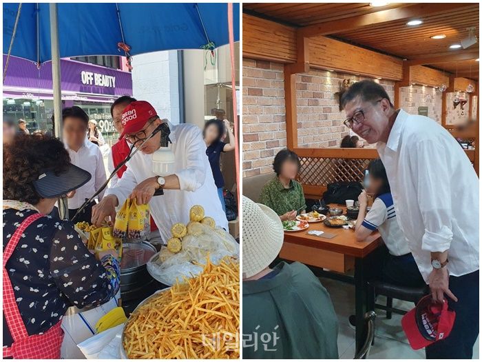 박형준 국민의힘 부산시장 후보가 30일 부산 중구 용두산공원 앞 거리에서 군밤을 구매하고 있는 모습(왼쪽)과 시민들에게 인사를 하고 있는 모습(오른쪽) ⓒ데일리안 김민석 기자