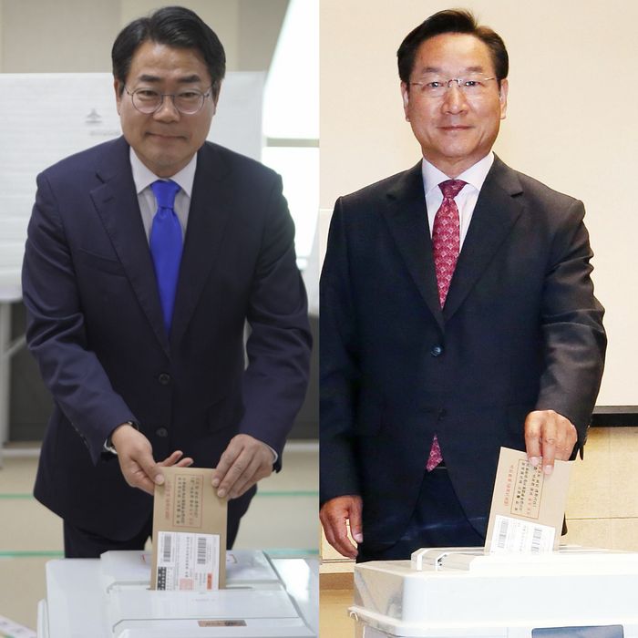 더불어민주당 박찬대 인천시장 후보와 국민의 힘 유정복 후보가 지난 29일 사전 투표를 하고 있다. ⓒ 박찬대·유정복 캠프 제공