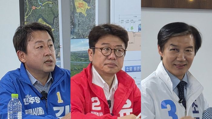 13일 경기 평택시에서 열린 화양지구총연합회 간담회에 참석한 (왼쪽부터) 김용남 더불어민주당 후보, 유의동 국민의힘 후보, 조국 조국혁신당 후보 ⓒ데일리안 허찬영 기자