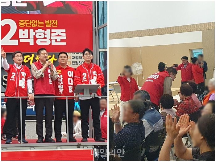 박형준 국민의힘 부산시장 후보와 김대식·주진우 의원이 26일 부산 사상구 학장동 반도보라 아파트 앞 유세현장에서 유세차량에 올라 시민들에게 인사를 하고 있는 모습(왼쪽)과 박형준 후보가 같은 날 부산 사상구 모라동에 위치한 백양종합사회복지관에서 어르신들과 인사를 나누고 있는 모습(오른쪽) ⓒ데일리안 김민석 기자