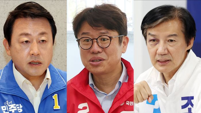 (왼쪽부터) 6·3 경기 평택을 국회의원 재선거에 출마한 김용남 더불어민주당 후보, 유의동 국민의힘 후보, 조국 조국혁신당 후보 ⓒ데일리안 홍금표 기자
