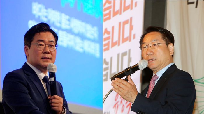 더불어민주당 박찬대(왼쪽) 인천시장 후보와 국민의 힘 유정복 후보가 새얼문화재단이 주최한 아침대화에서 인사말을 하고 있다. ⓒ 박찬대·유정복 캠프 제공 
