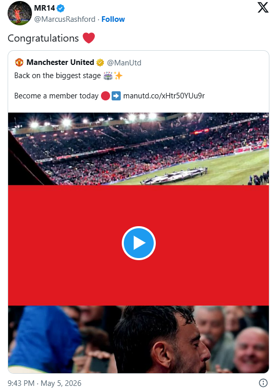 바르셀로나로 임대를 떠난 마커스 래시포드가 맨체스터 유나이티드의 유럽축구연맹(UEFA) 챔피언스리그(UCL) 복귀 소식에 축하를 전하고 있다. /마커스 래시포드 SNS 캡처