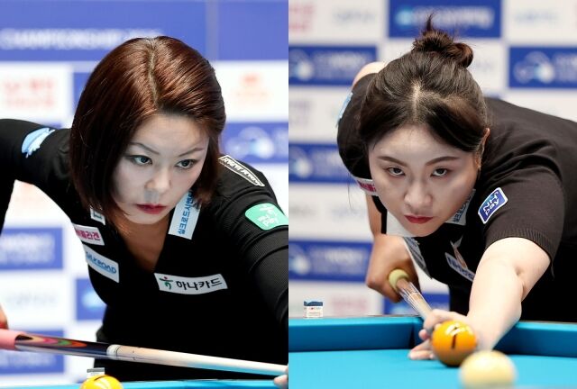 김가영(하나카드, 왼쪽)과 김민아(NH농협카드)가 23일 오후 9시 '고양 킨텍스 PBA 스타디움'에서 '우리금융캐피탈 PBA-LPBA 챔피언십' LPBA 결승 맞대결을 치른다. /PBA 제공
