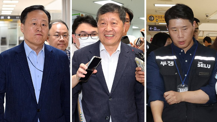 (왼쪽부터) 삼성전자 사측 대표교섭위원인 여명구 DS(디바이스솔루션·반도체 사업 담당) 피플팀장, 박수근 중앙노동위원장, 삼성그룹 초기업노동조합 삼성전자지부 최승호 위원장이 19일 정부세종청사 중앙노동위원회에서 열린 2차 사후조정 2일차 오후 회의에 참석하고 있다. 연합뉴스