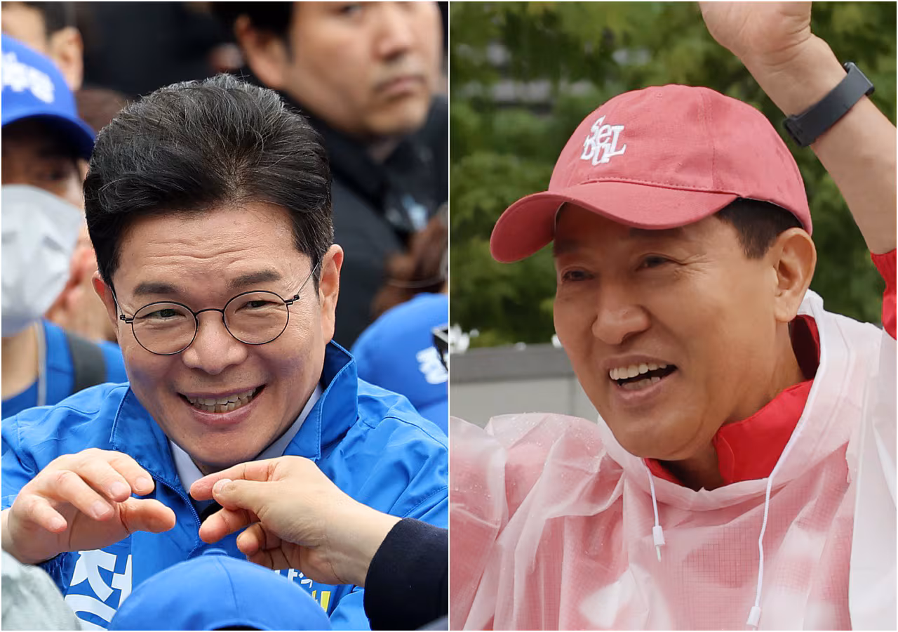 정원오 더불어민주당 서울시장 후보(왼쪽)와 오세훈 국민의힘 서울시장 후보가 제9회 전국동시지방선거 공식 선거운동이 시작된 21일 서울 성동구 왕십리역 광장과 강북구 삼양사거리에서 유권자들에게 지지를 호소하고 있다./뉴스1