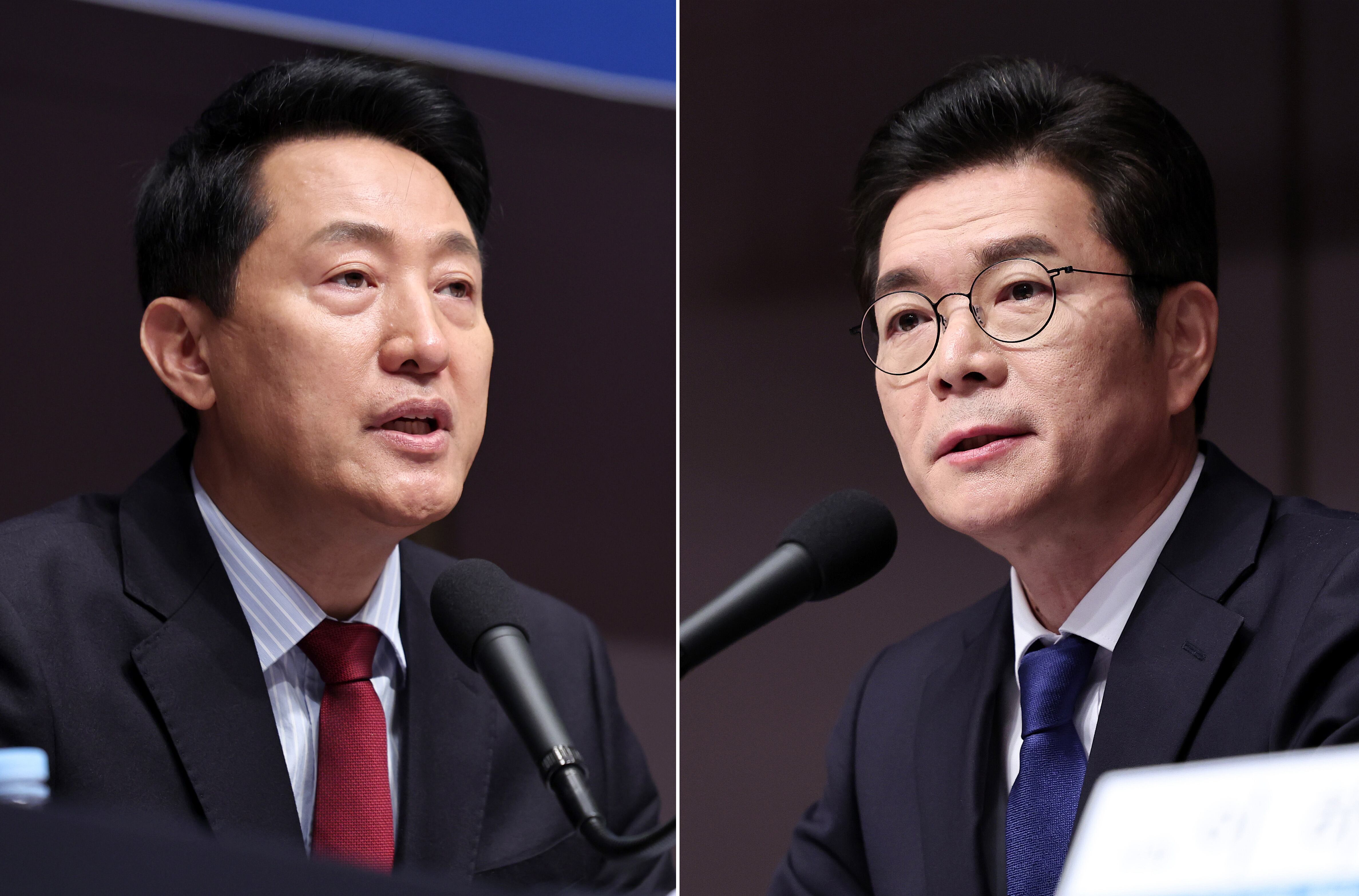 정원오(오른쪽) 더불어민주당 서울시장 후보와 오세훈 국민의힘 서울시장 후보가 20일 오전 서울 중구 한국프레스센터에서 열린 관훈클럽 초청 토론회에서 각각 발언하고 있다./뉴스1