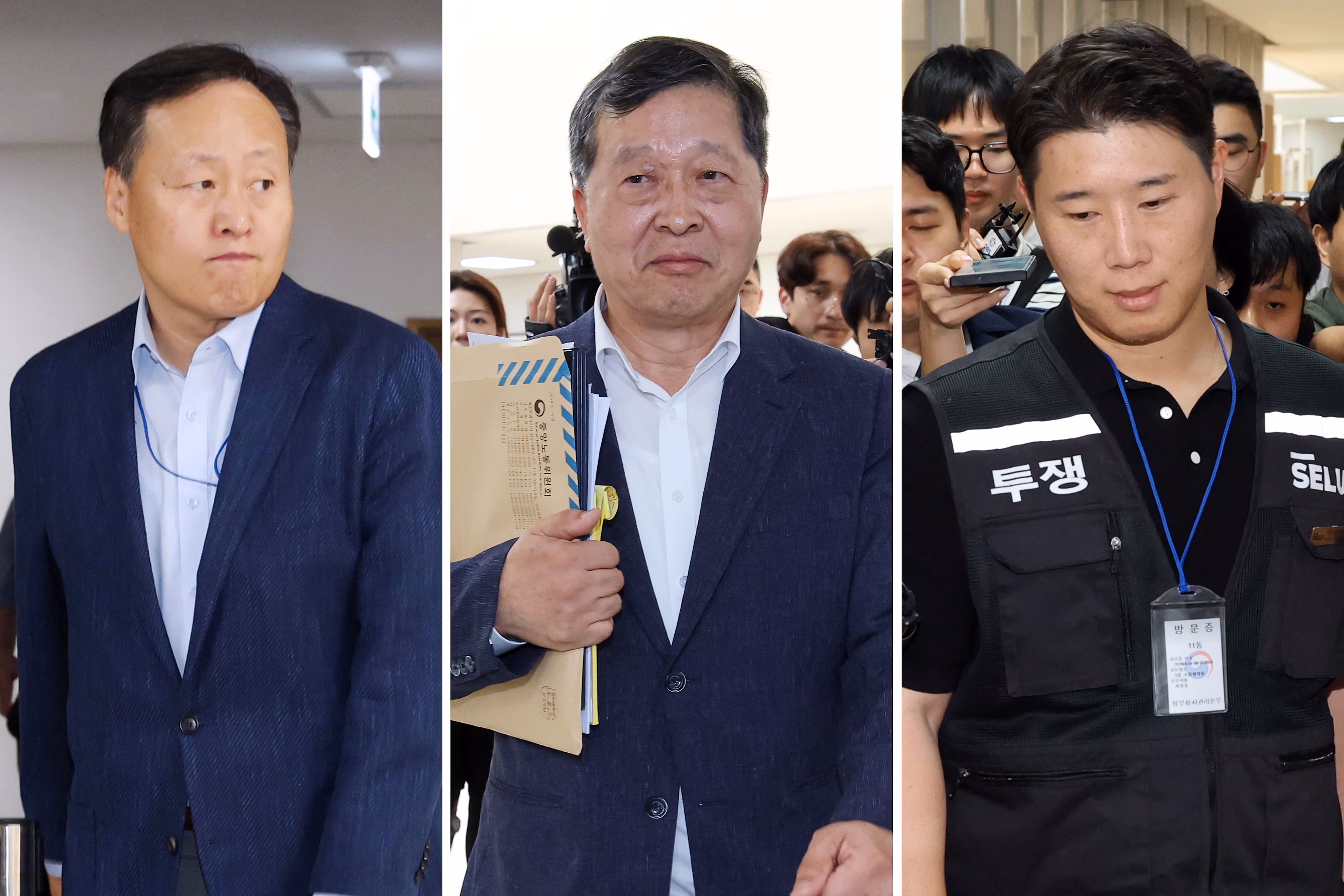 왼쪽부터 2차 사후조정이 열린 중노위 조정회의장으로 각각 들어가는 삼성전자 사측 대표교섭위원인 여명구 DS(반도체 부문) 피플팀장, 박수근 중앙노동위원장, 삼성그룹 초기업노동조합 삼성전자지부 최승호 위원장. /연합뉴스