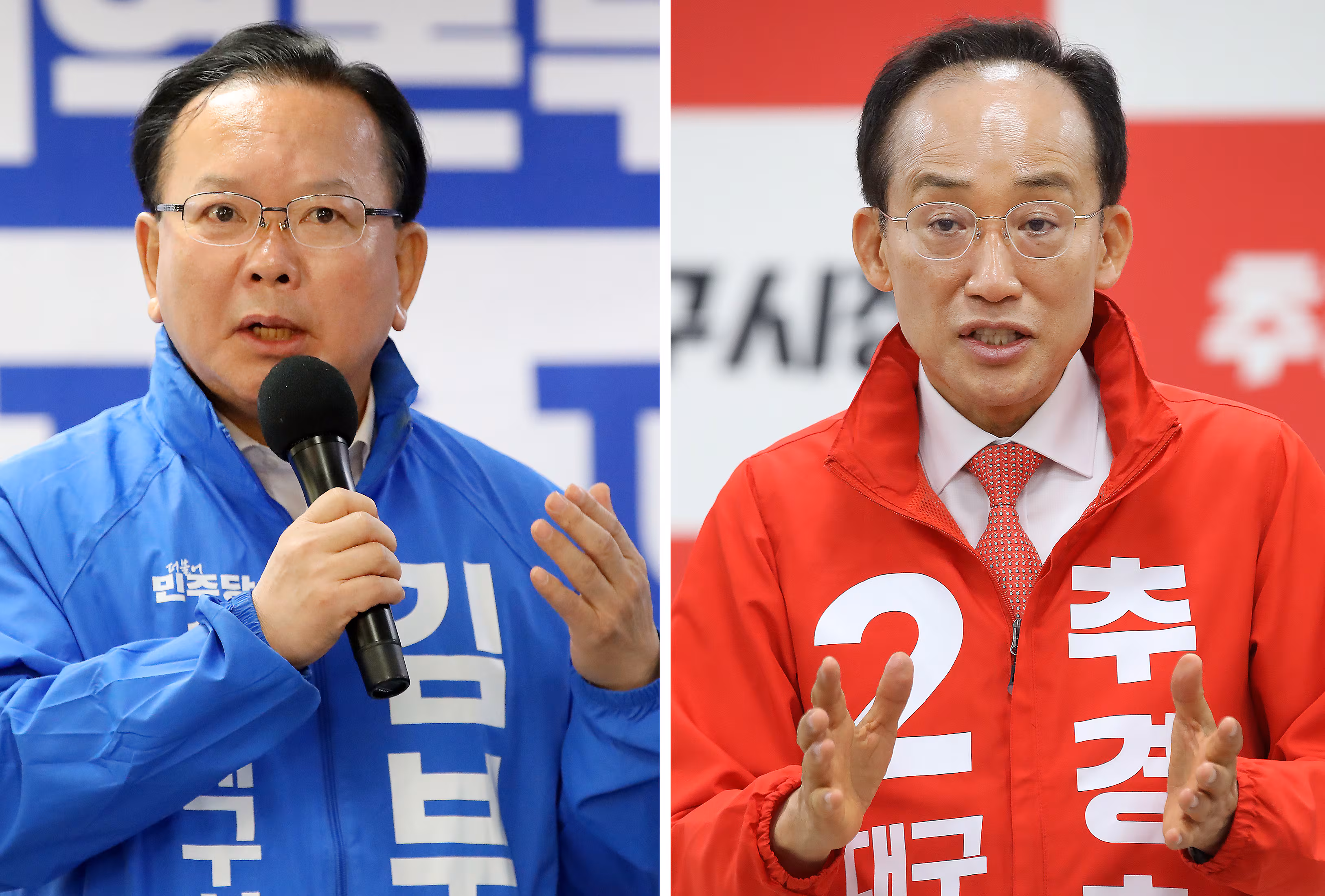 8일 한국노총 대구본부 지지선언 행사에서 발언하는 김부겸 더불어민주당 대구시장 후보(왼쪽)와 지역사회교육자협의회 지지선언 행사에서 발언하는 추경호 국민의힘 대구시장 후보./뉴스1