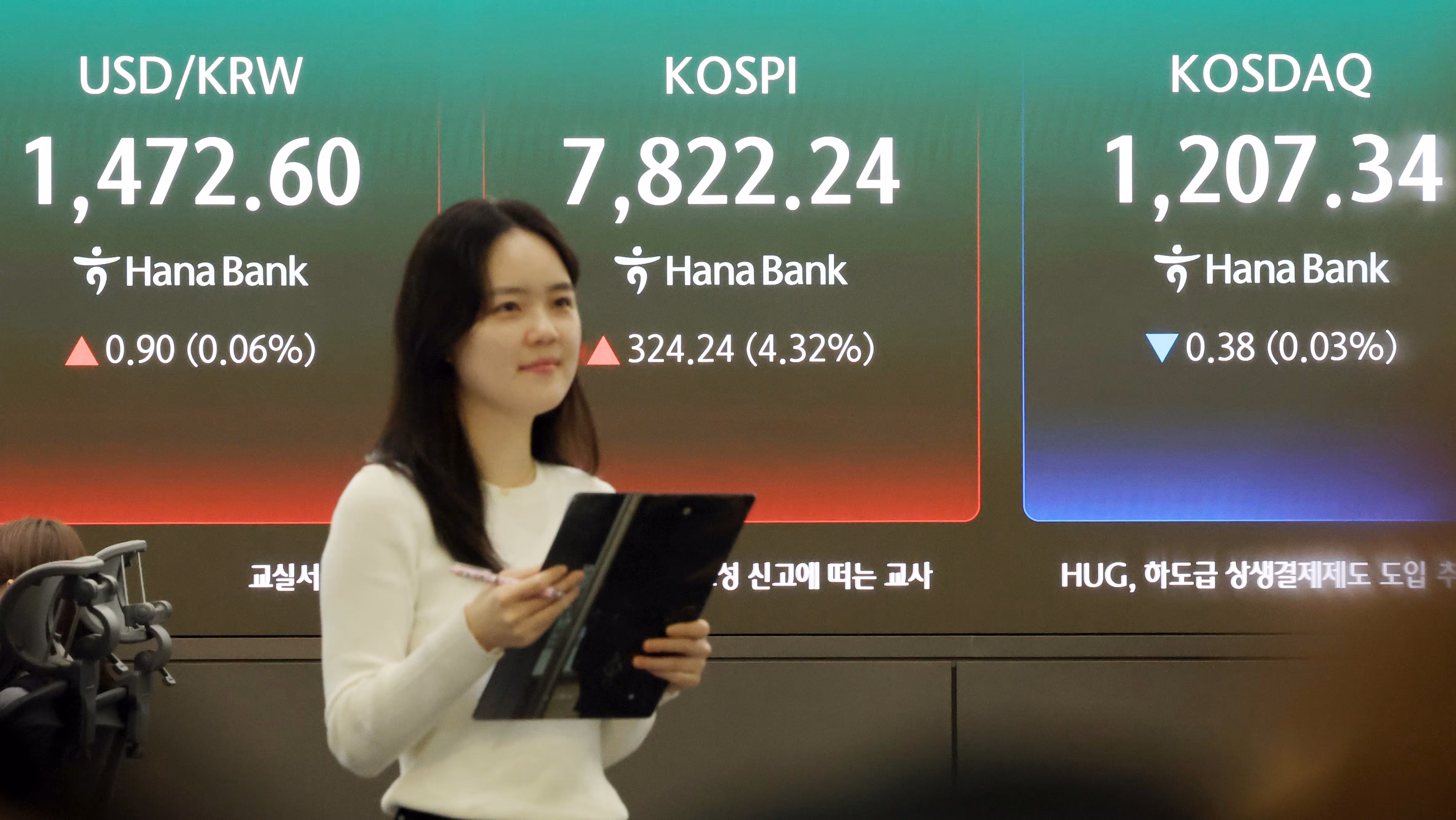 코스피가 사상 최고치를 경신 마감한 11일 오후 서울 중구 하나은행 딜링룸에 코스피 지수가 324.24포인트(4.32%) 상승한 7822.24를 나타내고 있다. 

코스닥 지수는 0.38포인트(0.03%) 하락한 1207.34로 서울외환시장에서 달러·원 환율은 전일 오후 3시 30분 주간종가 대비 0.90원 오른 1472.60원을 기록했다. /뉴스1