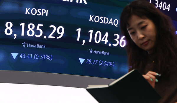 28일 오후 서울 중구 하나은행 본점 딜링룸 전광판에 종가가 표시되고 있다. / 뉴스1