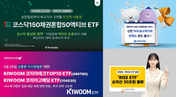 왼쪽 상단 시계 방향으로 하나자산운용, 신한자산운용, KB자산운용, 키움투자자산운용 관련 사진. / 각 사