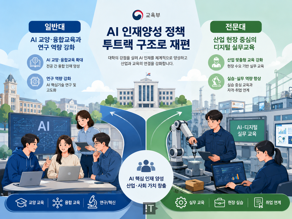 교육부의 인공지능(AI) 인재 양성 정책이 일반대와 전문대를 분리하는 방향으로 재편되고 있다. / 챗GPT 생성