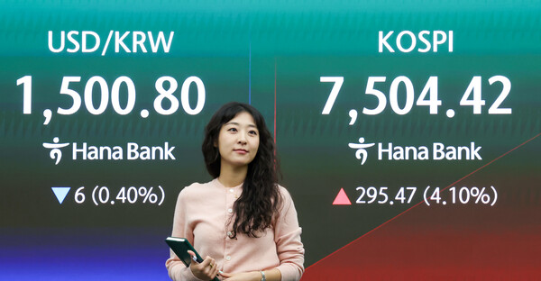 코스피가 개장 직후 7500선을 돌파한 21일 서울 중구 하나은행 딜링룸 전광판에 코스피가 표시돼 있다. 이날 코스피는 장 초반 4%대 급등세를 보이고 있다. /뉴스1