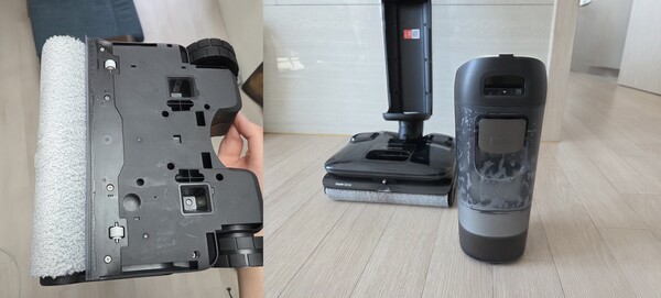 로보락 F25 A25 Pro 청소기 전면과 후면. 브러시 오염도를 감지해 자동 세척을 시작하고, 약 95도 고온 세척과 열풍 건조 기능을 지원한다. 별도로 브러시를 분리해 세척할 필요 없이 오수통만 비우면 된다. 
