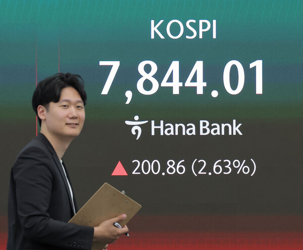 코스피가 전장보다 200.86p(2.63%) 오른 7,844.01 로 마감하며 종가 기준 사상 최고치를 경신한 13일 오후 서울 중구 하나은행 딜링룸에서 딜러가 업무를 보고 있다. [사진: 연합뉴스]