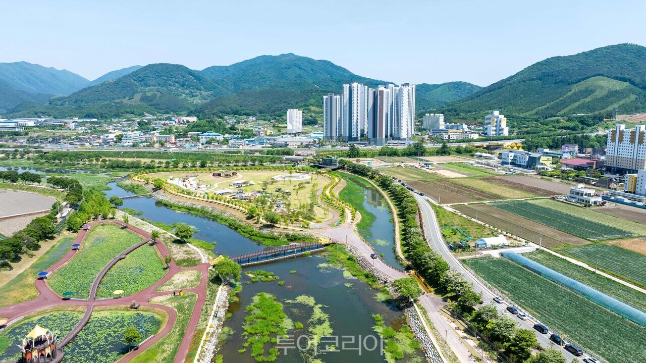 장성 황미르랜드 전경 황룡강 한 가운데 있는 하중도(河中島)다 /사진-장성군 제공