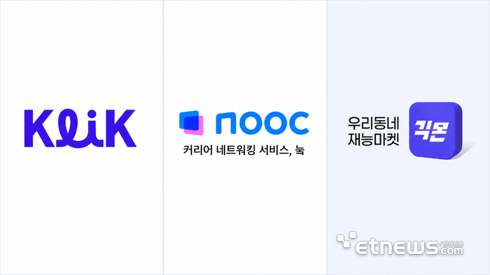 (왼쪽부터) 외국인 채용 플랫폼 '클릭'(KLiK), 디지털 명함 앱 '눜', 재능거래 플랫폼 '긱몬' 로고. [사진=웍스피어]