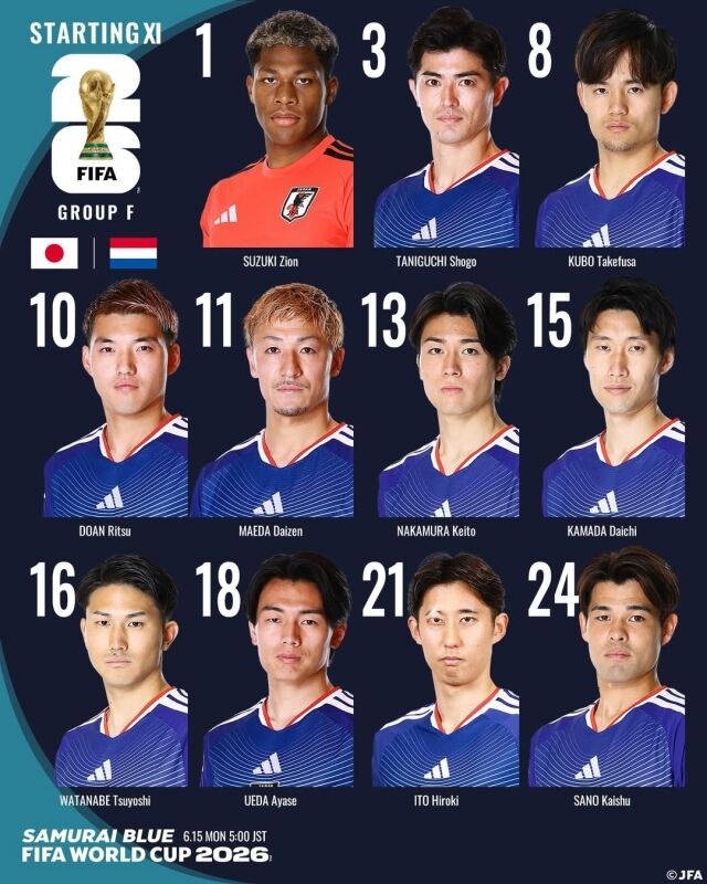 일본 축구대표팀이 15일 댈러스 스타디움에서 열리는 네덜란드와의 2026 북중미 월드컵 E조 조별리그 1차전 경기 선발 라인업을 발표했다./일본축구협회(JFA) 제공