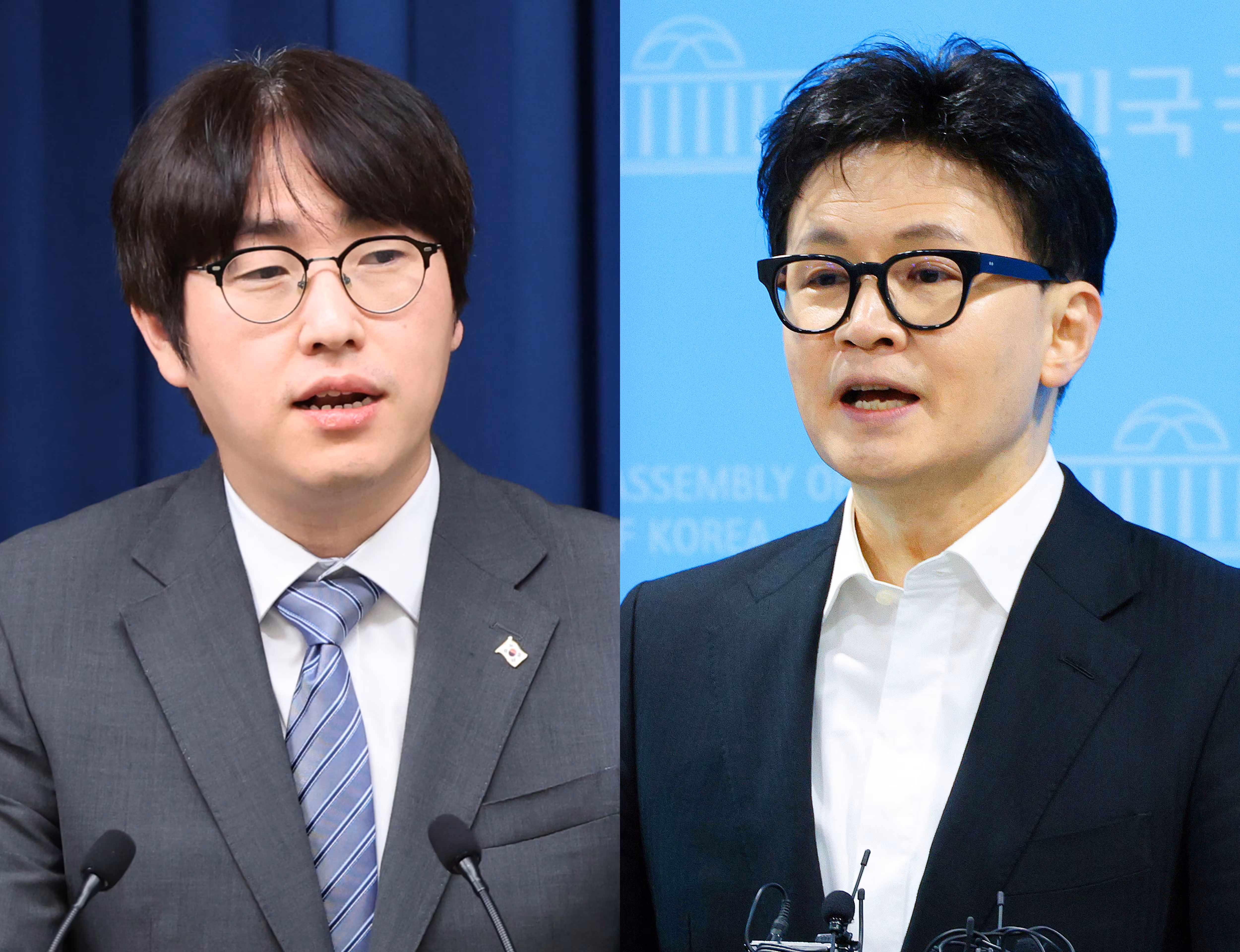부산 북갑 국회의원 보궐선거에서 맞붙는 하정우 더불어민주당 후보와 한동훈 무소속 후보./뉴스1