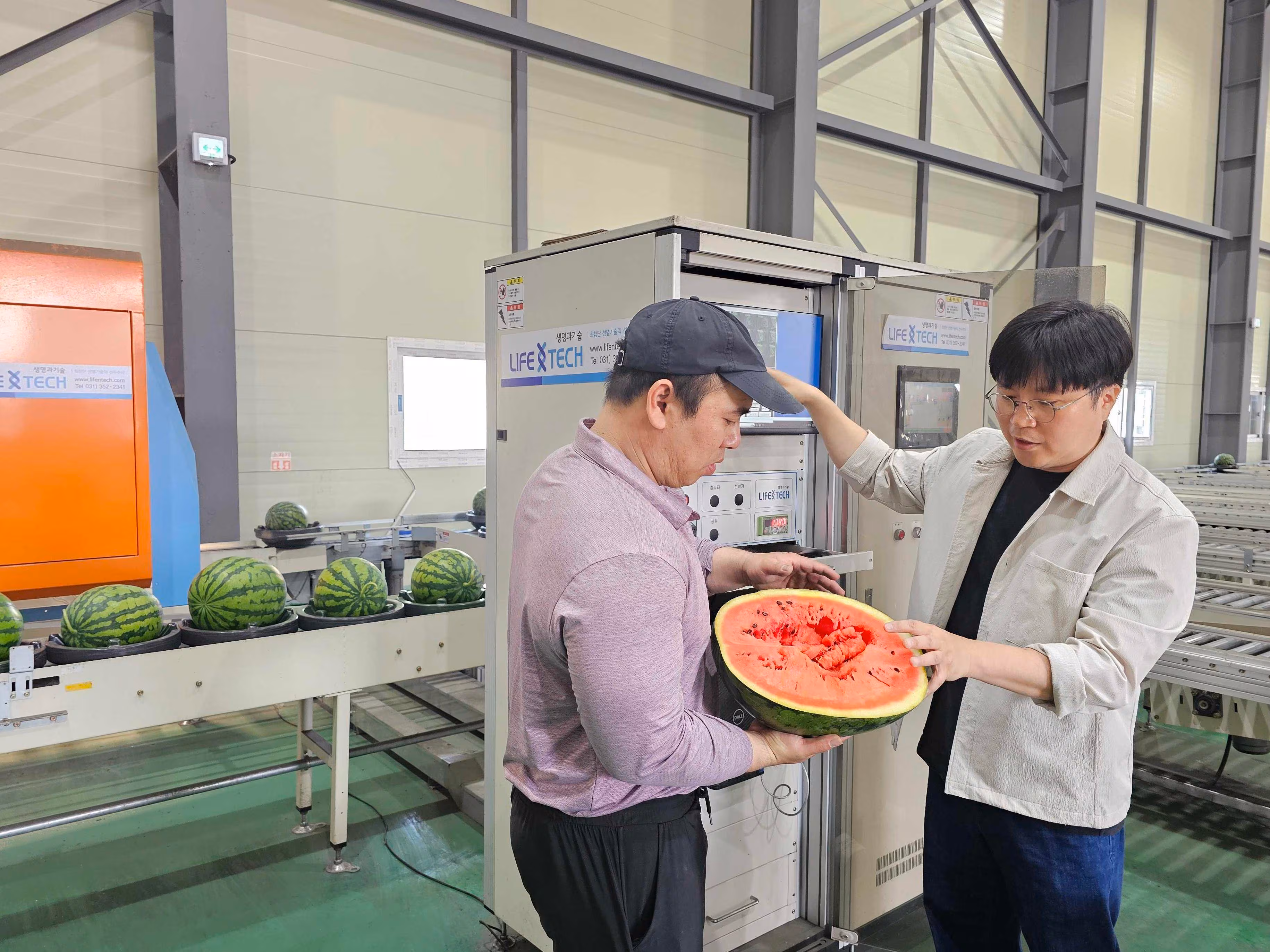 박청규(오른쪽) 쿠팡 로켓프레시 품질보증팀 매니저가 협력사와 함께 AI 과일 선별기를 거친 수박을 교차 검증하고 있다. /쿠팡 제공