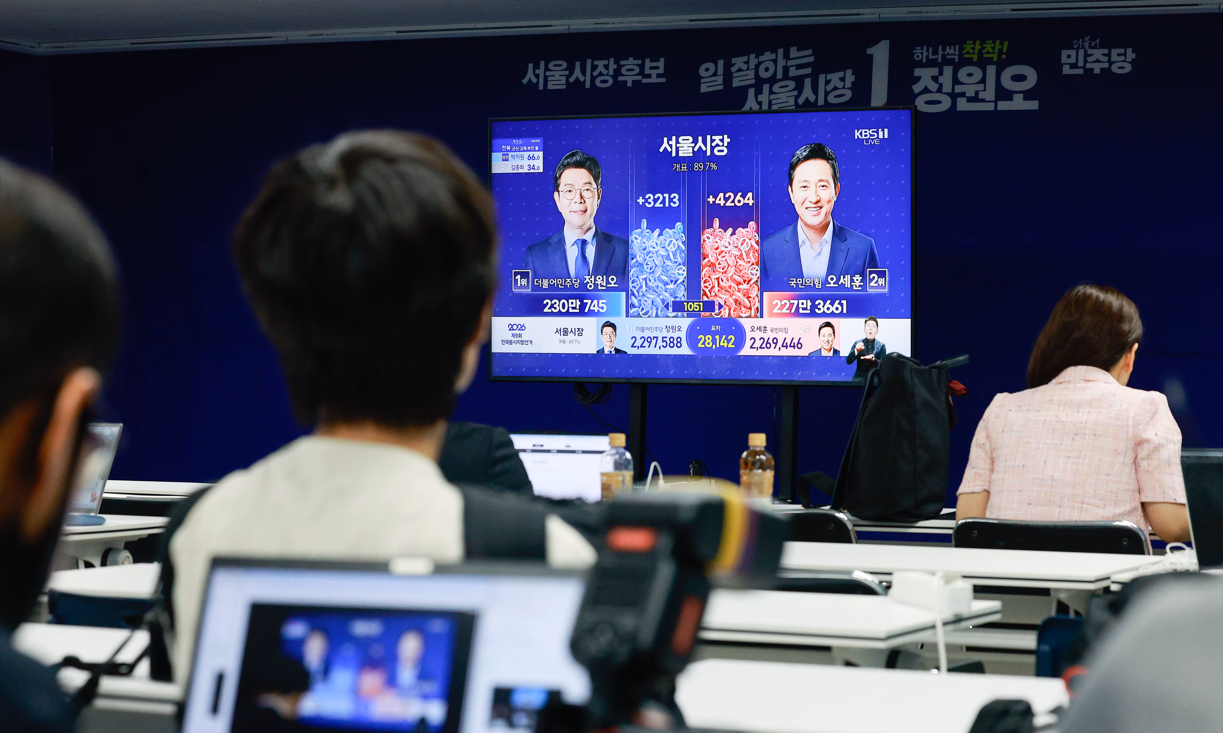 4일 오전 제9회 전국동시지방선거 정원오 더불어민주당 서울시장 후보, 오세훈 국민의힘 서울시장 후보 개표가 중계되고 있다. /뉴스1