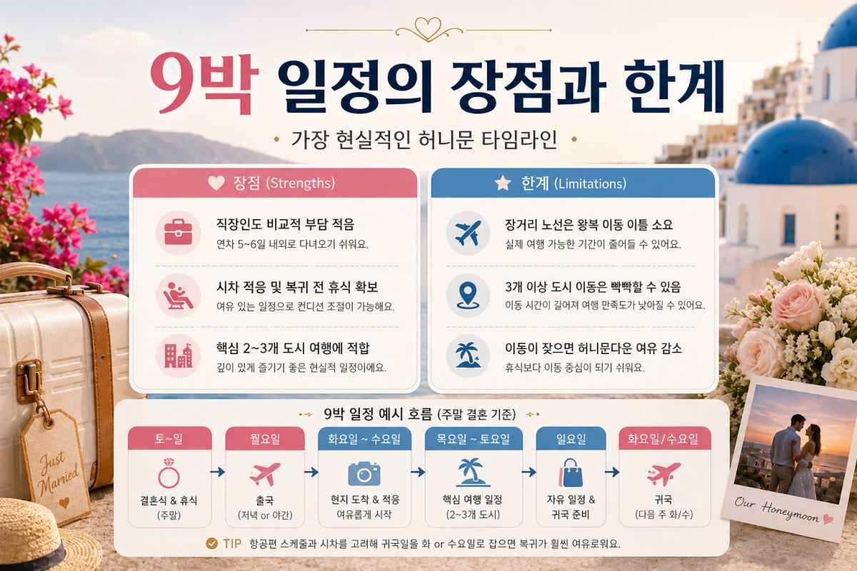9박 일정 장단점  / Designed by Magnific