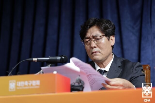 이임생 전 기술위원장이 2024년 7월 홍명보 감독 선임과 관련해 프리핑을 진행하고 있다./대한축구협회 제공