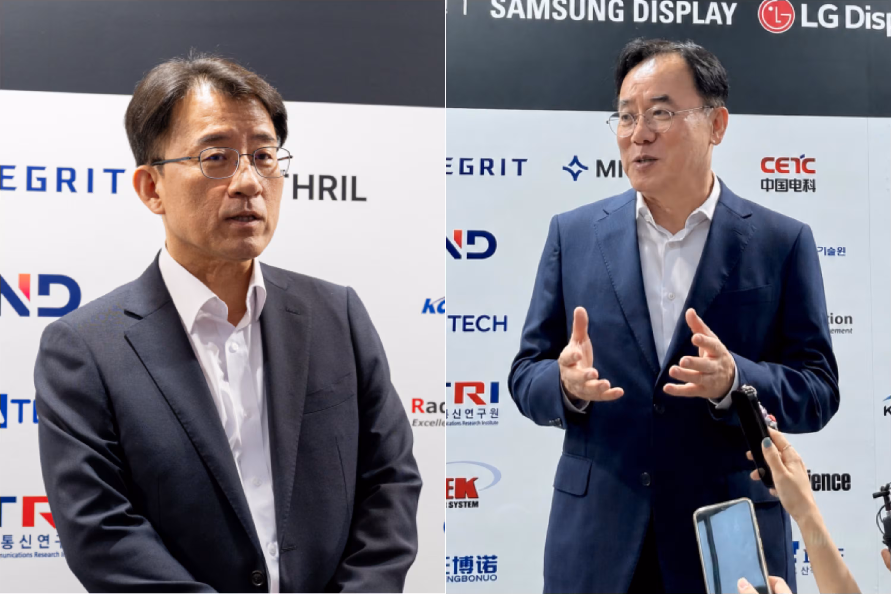 22일 서울 강남구 코엑스에서 열린 ‘한국 디스플레이 산업전시회’(K-디스플레이 2026) 부스 투어를 마친 뒤 기자들과 만난 이청 삼성디스플레이 사장(왼쪽)과 정철동 LG디스플레이 사장./각 사