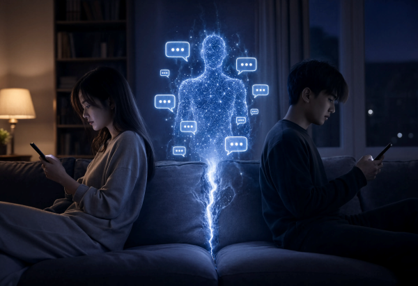  AI 챗봇에 감정 상담과 관계 고민을 털어놓는 이용자가 늘면서 AI 외도 논란이 커지고 있다. [사진: Reve AI]