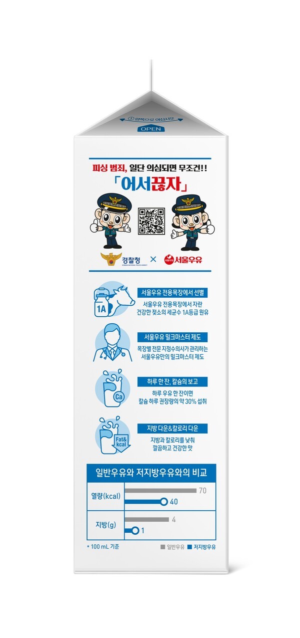 어서끊자 QR 코드가 인쇄된 서울우유 저지방 우유(1L) 제품 [사진=서울우유협동조합]
