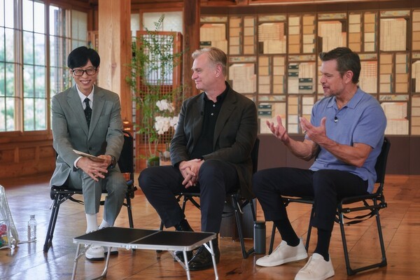 (왼쪽부터) 유재석, 크리스토퍼 놀란, 맷 데이먼 [사진=tvN]
