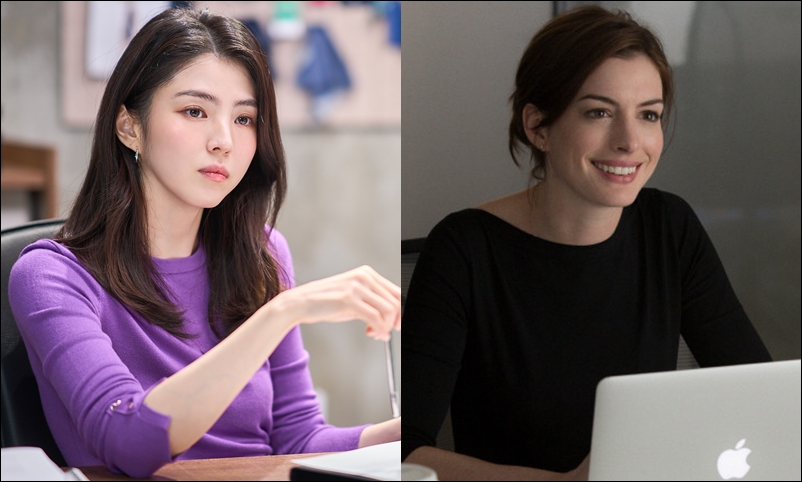 배우 한소희가 영화 ‘인턴’으로 스크린에 돌아온다. 사진은 한소희(왼쪽)와 원작 캐릭터를 연기한 앤 해서웨이. / 워너브러더스코리아, 네이버영화